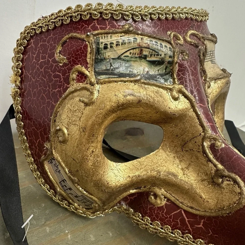 Red Gold Venetian Mardi Gras Nose Mask MASQUERADE CARNIVAL PARTY Music Notes